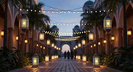 Traditional Islamic lanterns lighting up an ancient street decorated with strings of lights during celebration of Eid al Fitr Eid al Adha Ramadan Al Hijra Ashura and Eid e Milad