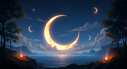 Majestic glowing crescent moon rising over ocean at night with fire lit mountains and starry sky reflecting spiritual beauty of Ramadan Eid al Fitr Eid al Adha Al Hijra Ashura Eid e Milad