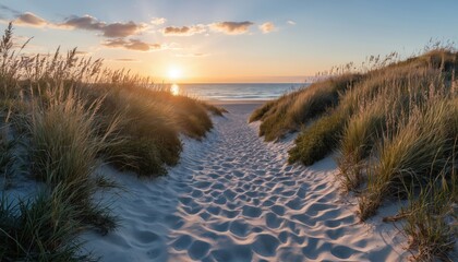 Sandy pathway through coastal dunes leads to serene seascape at golden hour sunset. Tall beach grass borders the path. Calm ocean meets horizon under soft evening sky with scattered clouds.
