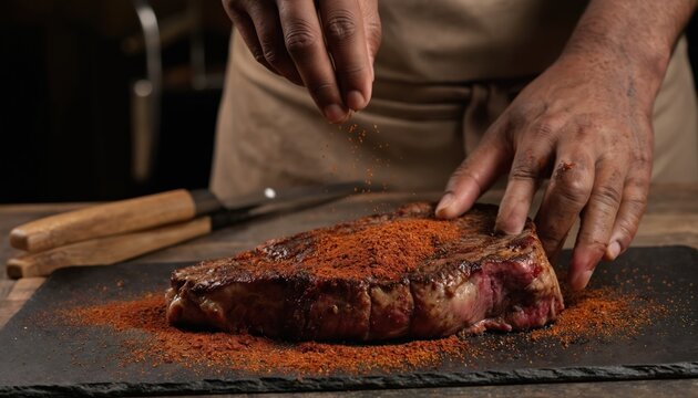 Chef hands carefully apply dry rub seasoning to raw steak. Focus on rich texture of meat and savory spice blend. Preparation for grilling or barbecue. Culinary art in action, preparing delicious meal.