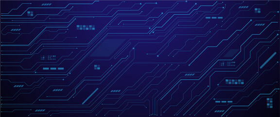 Vector futuristic blue wires on a circuit board on a dark technological background. Thin lines and dots. Glowing light blue neon AI chip with thin circuit contact lines. 