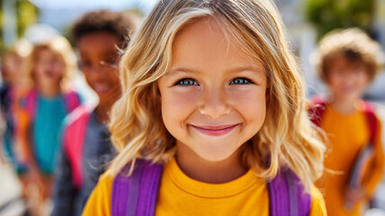 Fototapeta premium A girl with blonde hair and a school backpack goes to school with a group of children.