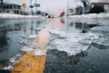 Close-up ice on a wet, cracked asphalt road with a yellow line on a gloomy day. Showcases the challenges of winter weather and icy driving conditions.