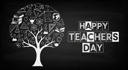 Happy teachers day celebration concept with chalkboard background and white educational tree made of school icons books pencils globe science and learning elements