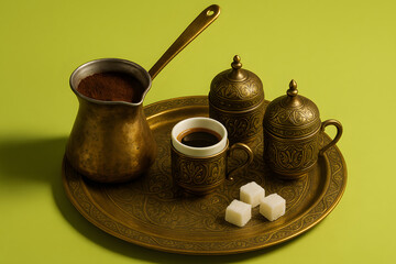 Authentic Turkish Coffee Setup with Cezve and Demitasse Cups for Cultural Cafe Themes