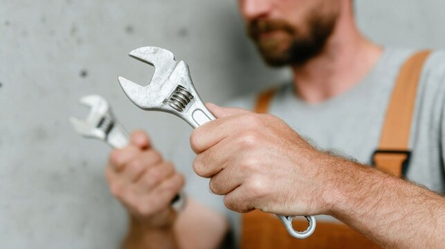 Skilled tradesman using adjustable wrenches for repair work in workshop setting
