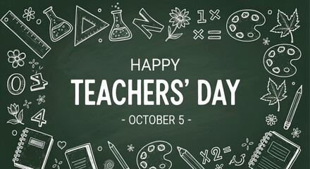 Happy teachers day illustration on green chalkboard background with education symbols like books pencil leaves triangle ruler palette flask and student icons