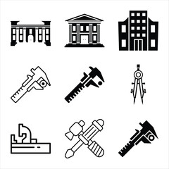 Fototapeta premium Engineering And Architecture Solid Black Vector Icons Set Depicting Buildings And Precision Tools