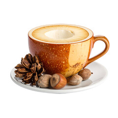 Coffee cup with nuts and pinecone arrangement