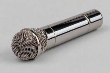 Shiny chrome microphone on a light gray background with nice details. It shows a microphone, ready for podcasting or vocal recording sessions.