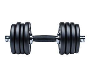 Isolated dumbbell featuring adjustable black weights and a textured grip enhances fitness routines on transparent background