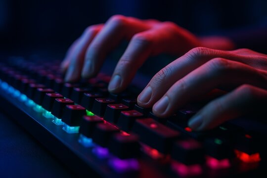 Close-up of hands typing on backlit gaming keyboard with colorful RGB lighting