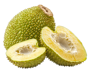 Exotic whole and sliced Durian fruit featuring its thorny rind and pale pulp on transparent background