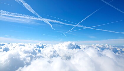 High-altitude view of puffy clouds and jet contrails against a vibrant blue sky