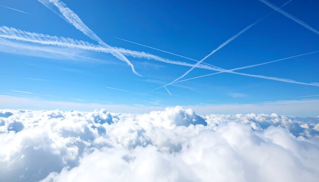 High-altitude view of puffy clouds and jet contrails against a vibrant blue sky