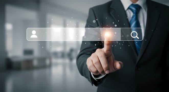 Businessperson Touching Transparent Interface with Light Effects