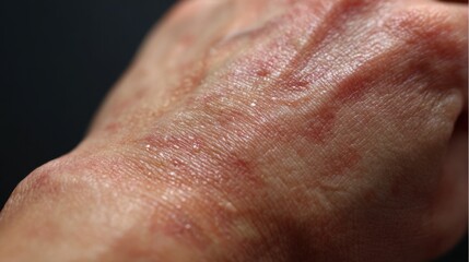 Naklejka premium Macro view of swollen skin and tiny blisters appearing immediately after latex exposure illustrating contact urticaria symptoms.