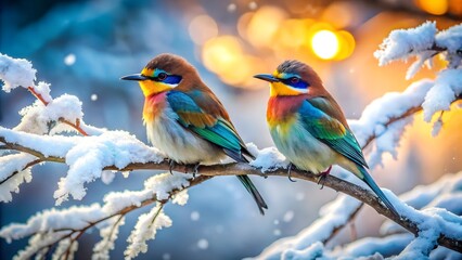 Bird Couple Sitting on Branch with Colorful Feathers