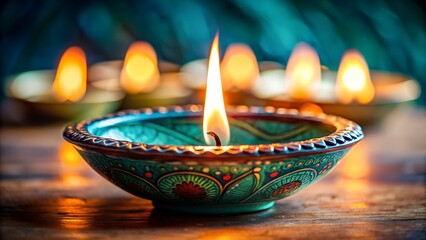 Close Up of a Lit Teal Diya with Bright Orange Glow