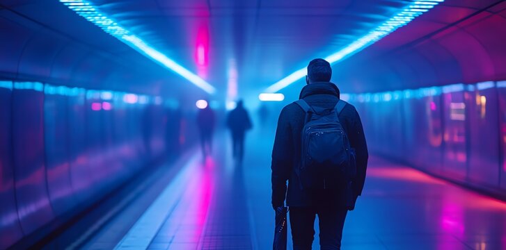 Man with Backpack Walking in a Futuristic Subway Tunnel