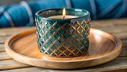 Cozy Teal Candle with Gold Pattern and Pinecones