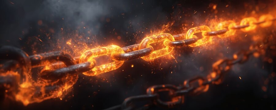 Fiery chain links glow intensely with orange, red embers, sparks. Powerful metal connection strength, energy, heat. Dark, abstract background with glowing particles creates dramatic visual element.