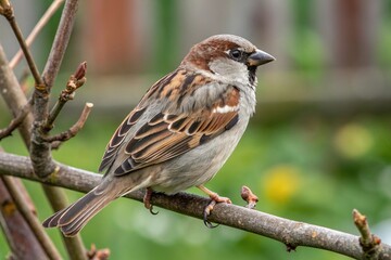 House Sparrow Perched on Tree Branch in Lush Garden