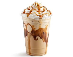 Refreshing caramel frappuccino in clear plastic cup topped with whipped cream, caramel drizzle. Cold coffee drink blends creamy ice cream, milk, sweet caramel sauce for delicious treat. Perfect for