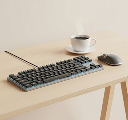 A modern computer keyboard and mouse sit beside a hot beverage on a wooden desk.