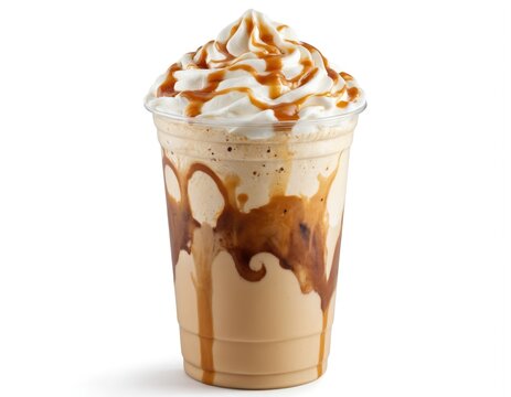 Refreshing caramel frappuccino in clear plastic cup topped with whipped cream, caramel drizzle. Cold coffee drink blends creamy ice cream, milk, sweet caramel sauce for delicious treat. Perfect for - Powered by Adobe