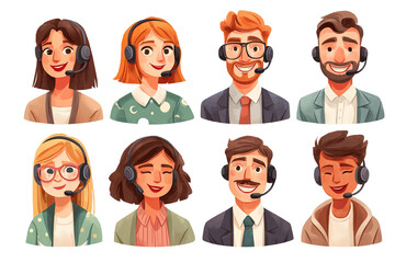 Eight illustrated call center avatars wearing headsets, representing customer support, helpdesk roles, and virtual communication services.
