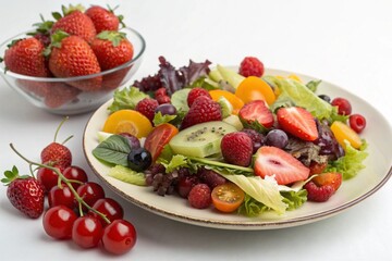 Fresh Fruit and Veggie Salad on White Plate