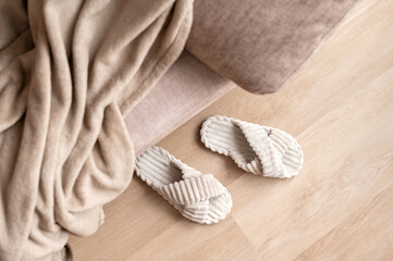 Soft cozy goods for comfortable living and relaxation, soft velure sleepers, neutral beige sofa and pillow, crumpled fleece blanket with natural daylight, slow living concept, lifestyle home interior