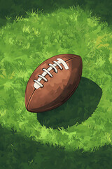 A close-up view of a classic brown football resting on vibrant green grass under sunlight