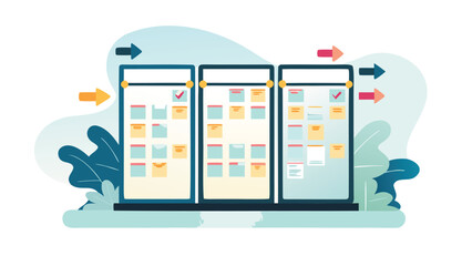 Illustration of three kanban boards with sticky notes and arrows indicating workflow direction