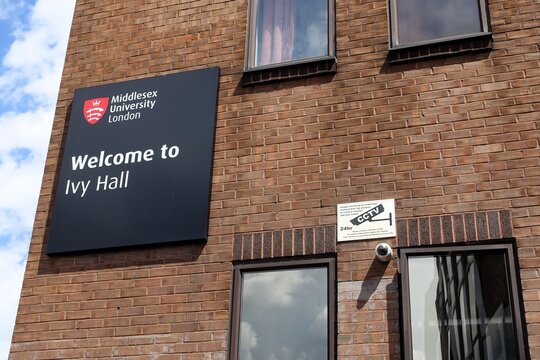 A sign at Ivy Hall student residence in Cricklewood, North London, welcomes students on behalf of Middlesex University London