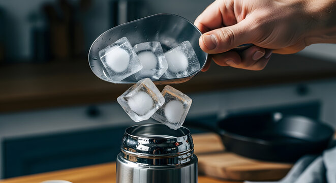 Scooping Ice Cubes into a Stainless Steel Shaker for a Chilled Drink - Powered by Adobe