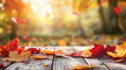 Vibrant autumn scene with colorful fallen leaves scattered on rustic wooden table against a sunlit blurred background of fall foliage. Ideal for seasonal backdrops or product displays
