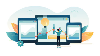 Illustration of a man analyzing data on multiple devices with a lightbulb above the graph