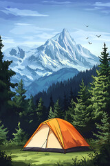Vibrant orange tent set against majestic mountains and lush green forest under a clear sky