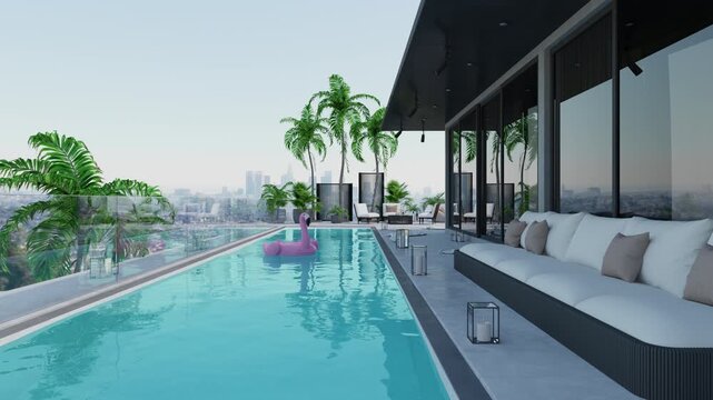 3D illustration. A small private swimming pool in the backyard of a luxury villa. 4K animation looped