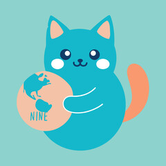 Adorable cat in cute style holding earth in loving pose colour Art Vector illustration