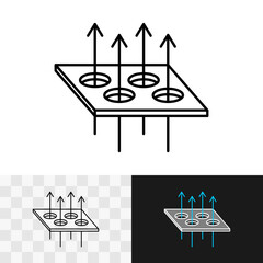 Flat surface with perforations that allows flow through the holes. Perforation icon. Dry membrane textile symbol. Evaporation of air sign. Editable stroke.