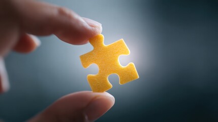 A hand holding a yellow puzzle piece