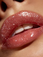 Moisturizing lips with a smooth and shiny finish Close-up of beautiful, glossy lips with sparkly gloss, showcasing a trendy makeup look for a modern aesthetic.