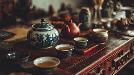 Antique tea set on dark wooden table