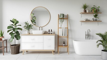 White bathroom with freestanding tub and vanity with plants interior minimalist