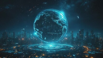 Digital Earth and Cityscape: A stunning digital artwork showcases a glowing globe suspended above a futuristic cityscape. - Powered by Adobe