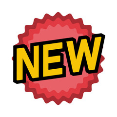 New Badge Sticker. Red 'NEW' Label with Yellow Text. on Transparent Background. 