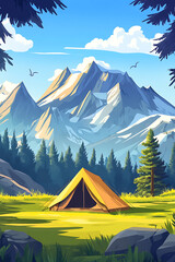Scenic mountain landscape featuring a camping tent in a lush green meadow under a clear sky